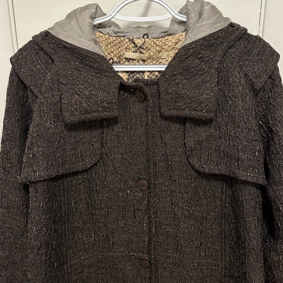 CLASS ROBERTO CAVALLI Womens Hooded Car Utility Coat Crinkled Wool Brown Gray 8 - Picture 2 of 15
